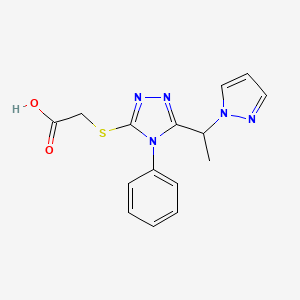 molecular formula C15H15N5O2S B3814117 ({4-phenyl-5-[1-(1H-pyrazol-1-yl)ethyl]-4H-1,2,4-triazol-3-yl}thio)acetic acid 