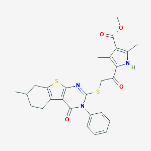 molecular formula C27H27N3O4S2 B381414 methyl 2,4-dimethyl-5-{[(7-methyl-4-oxo-3-phenyl-3,4,5,6,7,8-hexahydro[1]benzothieno[2,3-d]pyrimidin-2-yl)sulfanyl]acetyl}-1H-pyrrole-3-carboxylate 