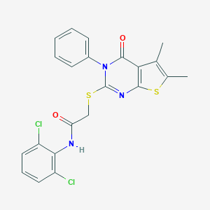 molecular formula C22H17Cl2N3O2S2 B381421 N-(2,6-dichlorophenyl)-2-[(5,6-dimethyl-4-oxo-3-phenyl-3,4-dihydrothieno[2,3-d]pyrimidin-2-yl)sulfanyl]acetamide 