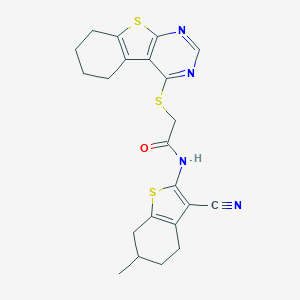 molecular formula C22H22N4OS3 B381429 N-(3-cyano-6-methyl-4,5,6,7-tetrahydro-1-benzothiophen-2-yl)-2-(5,6,7,8-tetrahydro-[1]benzothiolo[2,3-d]pyrimidin-4-ylsulfanyl)acetamide CAS No. 315678-14-9