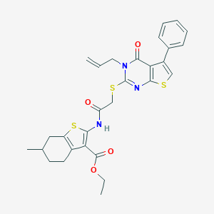 molecular formula C29H29N3O4S3 B381430 Ethyl 2-({[(3-allyl-4-oxo-5-phenyl-3,4-dihydrothieno[2,3-d]pyrimidin-2-yl)sulfanyl]acetyl}amino)-6-methyl-4,5,6,7-tetrahydro-1-benzothiophene-3-carboxylate 