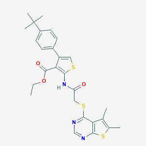 molecular formula C27H29N3O3S3 B381433 Ethyl 4-(4-tert-butylphenyl)-2-({[(5,6-dimethylthieno[2,3-d]pyrimidin-4-yl)sulfanyl]acetyl}amino)-3-thiophenecarboxylate 