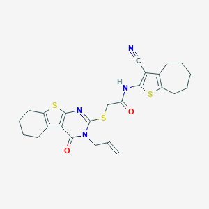 molecular formula C25H26N4O2S3 B381434 2-[(3-allyl-4-oxo-3,4,5,6,7,8-hexahydro[1]benzothieno[2,3-d]pyrimidin-2-yl)sulfanyl]-N-(3-cyano-5,6,7,8-tetrahydro-4H-cyclohepta[b]thien-2-yl)acetamide 