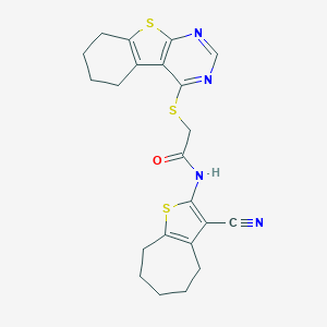 molecular formula C22H22N4OS3 B381435 N-(3-cyano-5,6,7,8-tetrahydro-4H-cyclohepta[b]thiophen-2-yl)-2-(5,6,7,8-tetrahydro[1]benzothieno[2,3-d]pyrimidin-4-ylsulfanyl)acetamide 