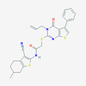 molecular formula C27H24N4O2S3 B381437 2-[(3-allyl-4-oxo-5-phenyl-3,4-dihydrothieno[2,3-d]pyrimidin-2-yl)sulfanyl]-N-(3-cyano-6-methyl-4,5,6,7-tetrahydro-1-benzothien-2-yl)acetamide 