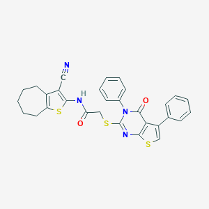 molecular formula C30H24N4O2S3 B381438 N-(3-cyano-5,6,7,8-tetrahydro-4H-cyclohepta[b]thien-2-yl)-2-[(4-oxo-3,5-diphenyl-3,4-dihydrothieno[2,3-d]pyrimidin-2-yl)sulfanyl]acetamide 