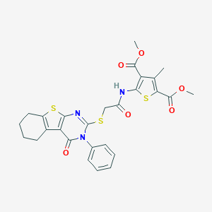 molecular formula C27H25N3O6S3 B381439 Dimethyl 3-methyl-5-({[(4-oxo-3-phenyl-3,4,5,6,7,8-hexahydro[1]benzothieno[2,3-d]pyrimidin-2-yl)sulfanyl]acetyl}amino)-2,4-thiophenedicarboxylate 