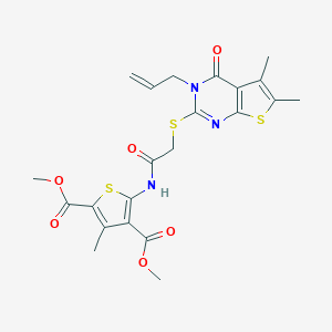 molecular formula C22H23N3O6S3 B381440 Dimethyl 5-({[(3-allyl-5,6-dimethyl-4-oxo-3,4-dihydrothieno[2,3-d]pyrimidin-2-yl)sulfanyl]acetyl}amino)-3-methyl-2,4-thiophenedicarboxylate 