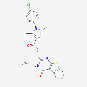 molecular formula C26H24ClN3O2S2 B381443 3-allyl-2-({2-[1-(4-chlorophenyl)-2,5-dimethyl-1H-pyrrol-3-yl]-2-oxoethyl}sulfanyl)-3,5,6,7-tetrahydro-4H-cyclopenta[4,5]thieno[2,3-d]pyrimidin-4-one 