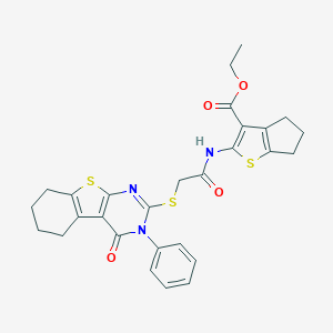 ethyl 2-({[(4-oxo-3-phenyl-3,4,5,6,7,8-hexahydro[1]benzothieno[2,3-d]pyrimidin-2-yl)sulfanyl]acetyl}amino)-5,6-dihydro-4H-cyclopenta[b]thiophene-3-carboxylate