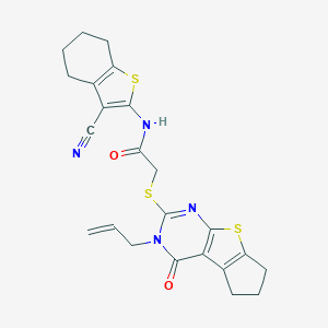molecular formula C23H22N4O2S3 B381447 2-[(3-allyl-4-oxo-3,5,6,7-tetrahydro-4H-cyclopenta[4,5]thieno[2,3-d]pyrimidin-2-yl)thio]-N-(3-cyano-4,5,6,7-tetrahydro-1-benzothien-2-yl)acetamide 