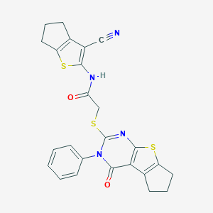 molecular formula C25H20N4O2S3 B381450 N-(3-Cyano-5,6-dihydro-4H-cyclopenta[b]thiophen-2-yl)-2-[(12-oxo-11-phenyl-7-thia-9,11-diazatricyclo[6.4.0.02,6]dodeca-1(8),2(6),9-trien-10-yl)sulfanyl]acetamide CAS No. 315707-94-9