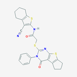 molecular formula C26H22N4O2S3 B381451 N-(3-cyano-4,5,6,7-tetrahydro-1-benzothien-2-yl)-2-[(4-oxo-3-phenyl-3,5,6,7-tetrahydro-4H-cyclopenta[4,5]thieno[2,3-d]pyrimidin-2-yl)sulfanyl]acetamide CAS No. 315696-21-0