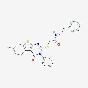 molecular formula C27H27N3O2S2 B381454 2-[(7-methyl-4-oxo-3-phenyl-3,4,5,6,7,8-hexahydro[1]benzothieno[2,3-d]pyrimidin-2-yl)sulfanyl]-N-(2-phenylethyl)acetamide 