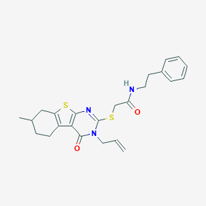 molecular formula C24H27N3O2S2 B381457 2-[(3-allyl-7-methyl-4-oxo-3,4,5,6,7,8-hexahydro[1]benzothieno[2,3-d]pyrimidin-2-yl)thio]-N-(2-phenylethyl)acetamide 