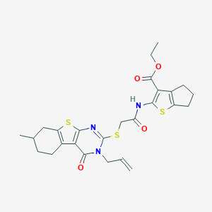 molecular formula C26H29N3O4S3 B381486 ethyl 2-({[(3-allyl-7-methyl-4-oxo-3,4,5,6,7,8-hexahydro[1]benzothieno[2,3-d]pyrimidin-2-yl)thio]acetyl}amino)-5,6-dihydro-4H-cyclopenta[b]thiophene-3-carboxylate 