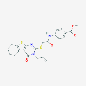 molecular formula C23H23N3O4S2 B381507 Methyl 4-[[2-[(4-oxo-3-prop-2-enyl-5,6,7,8-tetrahydro-[1]benzothiolo[2,3-d]pyrimidin-2-yl)sulfanyl]acetyl]amino]benzoate CAS No. 315676-56-3