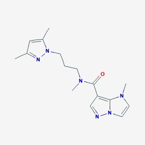 molecular formula C16H22N6O B3815100 N-[3-(3,5-dimethyl-1H-pyrazol-1-yl)propyl]-N,1-dimethyl-1H-imidazo[1,2-b]pyrazole-7-carboxamide 