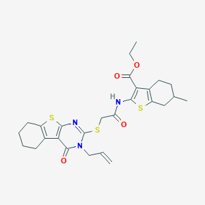 molecular formula C27H31N3O4S3 B381511 Ethyl 2-({[(3-allyl-4-oxo-3,4,5,6,7,8-hexahydro[1]benzothieno[2,3-d]pyrimidin-2-yl)sulfanyl]acetyl}amino)-6-methyl-4,5,6,7-tetrahydro-1-benzothiophene-3-carboxylate 