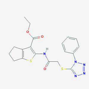 molecular formula C19H19N5O3S2 B381513 ethyl 2-({[(1-phenyl-1H-tetraazol-5-yl)sulfanyl]acetyl}amino)-5,6-dihydro-4H-cyclopenta[b]thiophene-3-carboxylate 