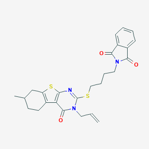 molecular formula C26H27N3O3S2 B381515 2-{4-[(3-allyl-7-methyl-4-oxo-3,4,5,6,7,8-hexahydro[1]benzothieno[2,3-d]pyrimidin-2-yl)sulfanyl]butyl}-1H-isoindole-1,3(2H)-dione 