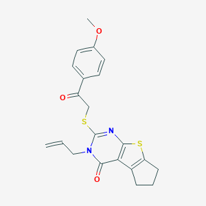 molecular formula C21H20N2O3S2 B381516 3-allyl-2-{[2-(4-methoxyphenyl)-2-oxoethyl]sulfanyl}-3,5,6,7-tetrahydro-4H-cyclopenta[4,5]thieno[2,3-d]pyrimidin-4-one CAS No. 379247-73-1