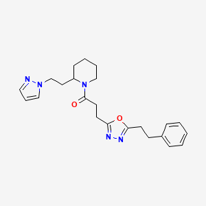 molecular formula C23H29N5O2 B3815533 1-{3-[5-(2-phenylethyl)-1,3,4-oxadiazol-2-yl]propanoyl}-2-[2-(1H-pyrazol-1-yl)ethyl]piperidine 