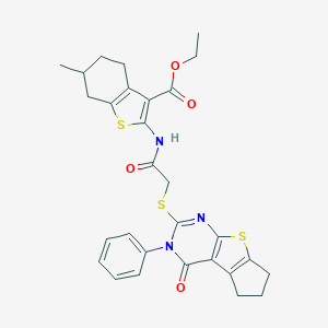 molecular formula C29H29N3O4S3 B381560 ethyl 6-methyl-2-({[(4-oxo-3-phenyl-3,5,6,7-tetrahydro-4H-cyclopenta[4,5]thieno[2,3-d]pyrimidin-2-yl)sulfanyl]acetyl}amino)-4,5,6,7-tetrahydro-1-benzothiophene-3-carboxylate 