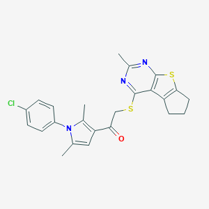 molecular formula C24H22ClN3OS2 B381563 1-[1-(4-chlorophenyl)-2,5-dimethyl-1H-pyrrol-3-yl]-2-[(2-methyl-6,7-dihydro-5H-cyclopenta[4,5]thieno[2,3-d]pyrimidin-4-yl)sulfanyl]ethanone 