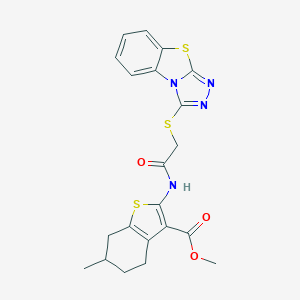 molecular formula C21H20N4O3S3 B381564 Methyl 6-methyl-2-[[2-([1,2,4]triazolo[3,4-b][1,3]benzothiazol-1-ylsulfanyl)acetyl]amino]-4,5,6,7-tetrahydro-1-benzothiophene-3-carboxylate CAS No. 374693-19-3
