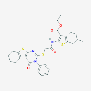 molecular formula C30H31N3O4S3 B381581 Ethyl 6-methyl-2-({[(4-oxo-3-phenyl-3,4,5,6,7,8-hexahydro[1]benzothieno[2,3-d]pyrimidin-2-yl)thio]acetyl}amino)-4,5,6,7-tetrahydro-1-benzothiophene-3-carboxylate 