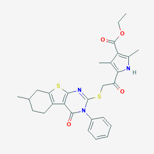 molecular formula C28H29N3O4S2 B381582 ethyl 2,4-dimethyl-5-{[(7-methyl-4-oxo-3-phenyl-3,4,5,6,7,8-hexahydro[1]benzothieno[2,3-d]pyrimidin-2-yl)sulfanyl]acetyl}-1H-pyrrole-3-carboxylate 