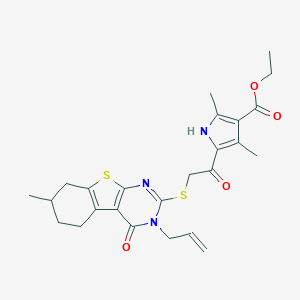 molecular formula C25H29N3O4S2 B381583 ethyl 5-{[(3-allyl-7-methyl-4-oxo-3,4,5,6,7,8-hexahydro[1]benzothieno[2,3-d]pyrimidin-2-yl)sulfanyl]acetyl}-2,4-dimethyl-1H-pyrrole-3-carboxylate 
