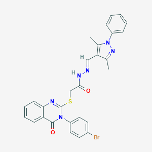 molecular formula C28H23BrN6O2S B381619 2-{[3-(4-bromophenyl)-4-oxo-3,4-dihydro-2-quinazolinyl]sulfanyl}-N'-[(3,5-dimethyl-1-phenyl-1H-pyrazol-4-yl)methylene]acetohydrazide 