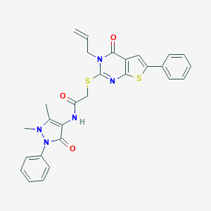 molecular formula C28H25N5O3S2 B381643 2-[(3-allyl-4-oxo-6-phenyl-3,4-dihydrothieno[2,3-d]pyrimidin-2-yl)sulfanyl]-N-(1,5-dimethyl-3-oxo-2-phenyl-2,3-dihydro-1H-pyrazol-4-yl)acetamide 