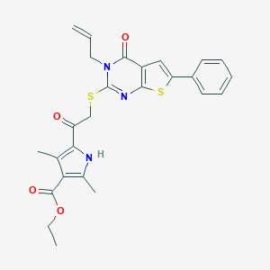 molecular formula C26H25N3O4S2 B381655 ethyl 5-{[(3-allyl-4-oxo-6-phenyl-3,4-dihydrothieno[2,3-d]pyrimidin-2-yl)sulfanyl]acetyl}-2,4-dimethyl-1H-pyrrole-3-carboxylate 