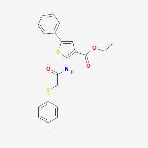 molecular formula C22H21NO3S2 B381666 Ethyl 2-({[(4-methylphenyl)sulfanyl]acetyl}amino)-5-phenyl-3-thiophenecarboxylate 
