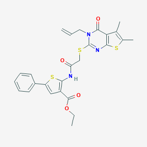 molecular formula C26H25N3O4S3 B381673 Ethyl 2-({[(3-allyl-5,6-dimethyl-4-oxo-3,4-dihydrothieno[2,3-d]pyrimidin-2-yl)sulfanyl]acetyl}amino)-5-phenyl-3-thiophenecarboxylate 