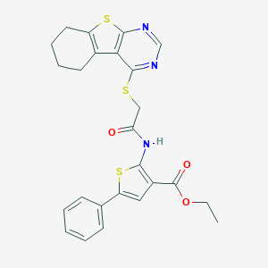 molecular formula C25H23N3O3S3 B381674 Ethyl 5-phenyl-2-{[(5,6,7,8-tetrahydro[1]benzothieno[2,3-d]pyrimidin-4-ylsulfanyl)acetyl]amino}-3-thiophenecarboxylate 