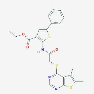 molecular formula C23H21N3O3S3 B381704 Ethyl 2-({[(5,6-dimethylthieno[2,3-d]pyrimidin-4-yl)sulfanyl]acetyl}amino)-5-phenyl-3-thiophenecarboxylate 