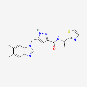 molecular formula C20H22N6OS B3817074 5-[(5,6-dimethyl-1H-benzimidazol-1-yl)methyl]-N-methyl-N-[1-(1,3-thiazol-2-yl)ethyl]-1H-pyrazole-3-carboxamide 