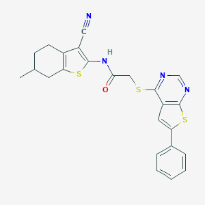 molecular formula C24H20N4OS3 B381714 N-(3-cyano-6-methyl-4,5,6,7-tetrahydro-1-benzothiophen-2-yl)-2-[(6-phenylthieno[2,3-d]pyrimidin-4-yl)sulfanyl]acetamide 