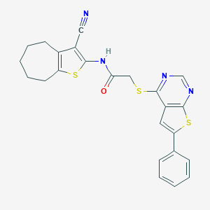 molecular formula C24H20N4OS3 B381716 N-(3-cyano-5,6,7,8-tetrahydro-4H-cyclohepta[b]thiophen-2-yl)-2-(6-phenylthieno[2,3-d]pyrimidin-4-yl)sulfanylacetamide CAS No. 379253-98-2
