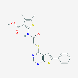 molecular formula C22H19N3O3S3 B381719 Methyl 4,5-dimethyl-2-({[(6-phenylthieno[2,3-d]pyrimidin-4-yl)sulfanyl]acetyl}amino)-3-thiophenecarboxylate 