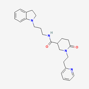 molecular formula C24H30N4O2 B3817287 N-[3-(2,3-dihydro-1H-indol-1-yl)propyl]-6-oxo-1-[2-(2-pyridinyl)ethyl]-3-piperidinecarboxamide 