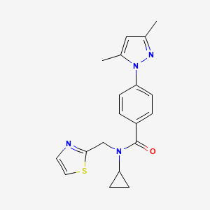 molecular formula C19H20N4OS B3817498 N-cyclopropyl-4-(3,5-dimethyl-1H-pyrazol-1-yl)-N-(1,3-thiazol-2-ylmethyl)benzamide 