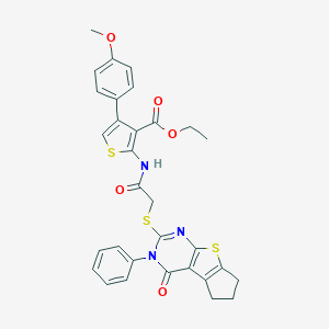 molecular formula C31H27N3O5S3 B381762 ethyl 4-(4-methoxyphenyl)-2-({[(4-oxo-3-phenyl-3,5,6,7-tetrahydro-4H-cyclopenta[4,5]thieno[2,3-d]pyrimidin-2-yl)sulfanyl]acetyl}amino)-3-thiophenecarboxylate 