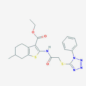 molecular formula C21H23N5O3S2 B381783 ethyl 6-methyl-2-({[(1-phenyl-1H-tetrazol-5-yl)thio]acetyl}amino)-4,5,6,7-tetrahydro-1-benzothiophene-3-carboxylate 