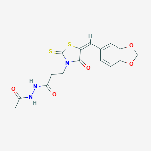 molecular formula C16H15N3O5S2 B381790 N'-acetyl-3-[5-(1,3-benzodioxol-5-ylmethylene)-4-oxo-2-thioxo-1,3-thiazolidin-3-yl]propanohydrazide 