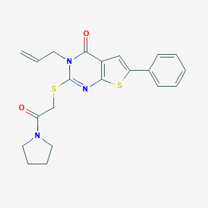 molecular formula C21H21N3O2S2 B381800 2-{[2-oxo-2-(pyrrolidin-1-yl)ethyl]sulfanyl}-6-phenyl-3-(prop-2-en-1-yl)thieno[2,3-d]pyrimidin-4(3H)-one 